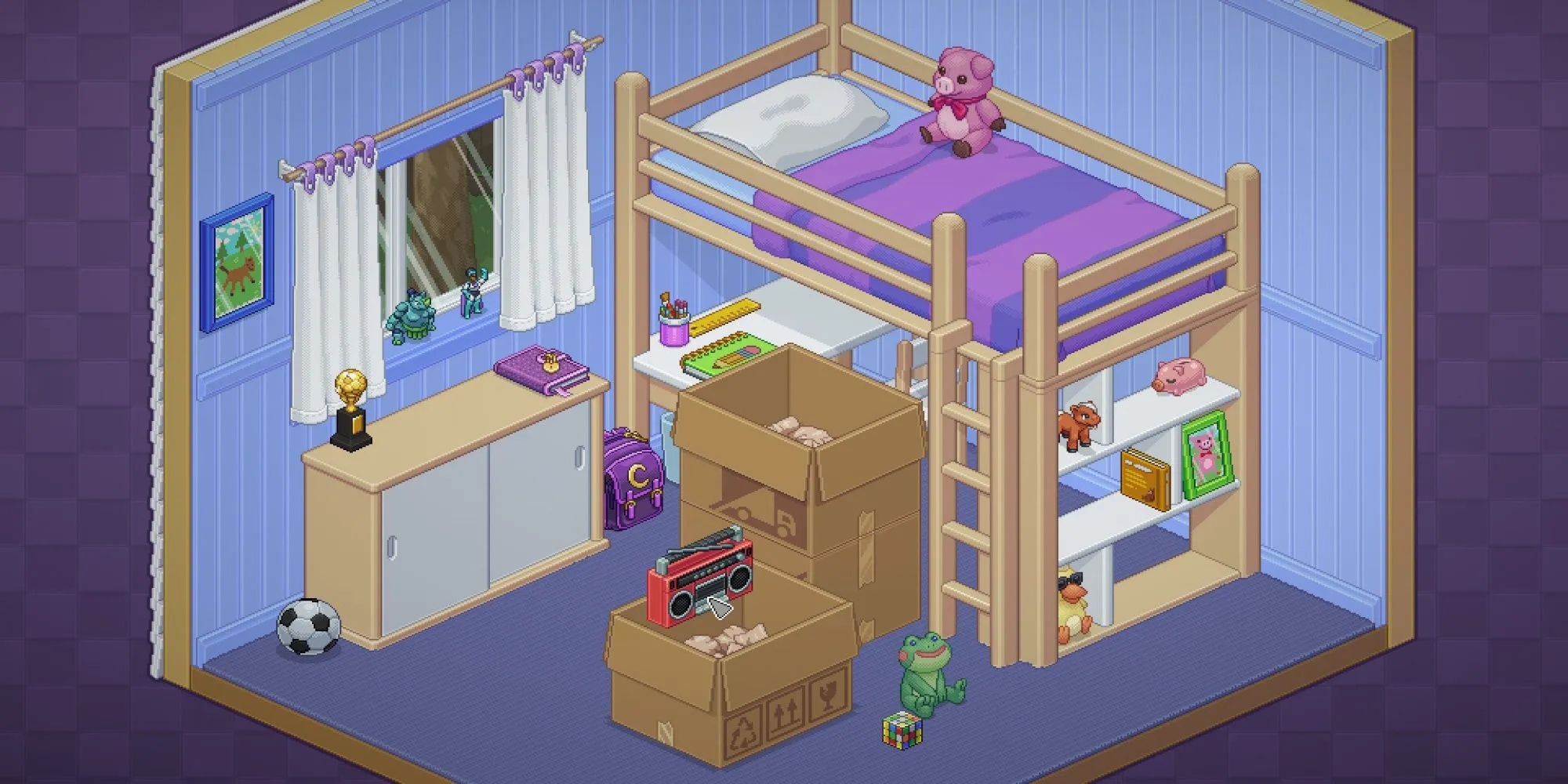Một căn phòng đang được sắp xếp đồ đạc trong game Unpacking