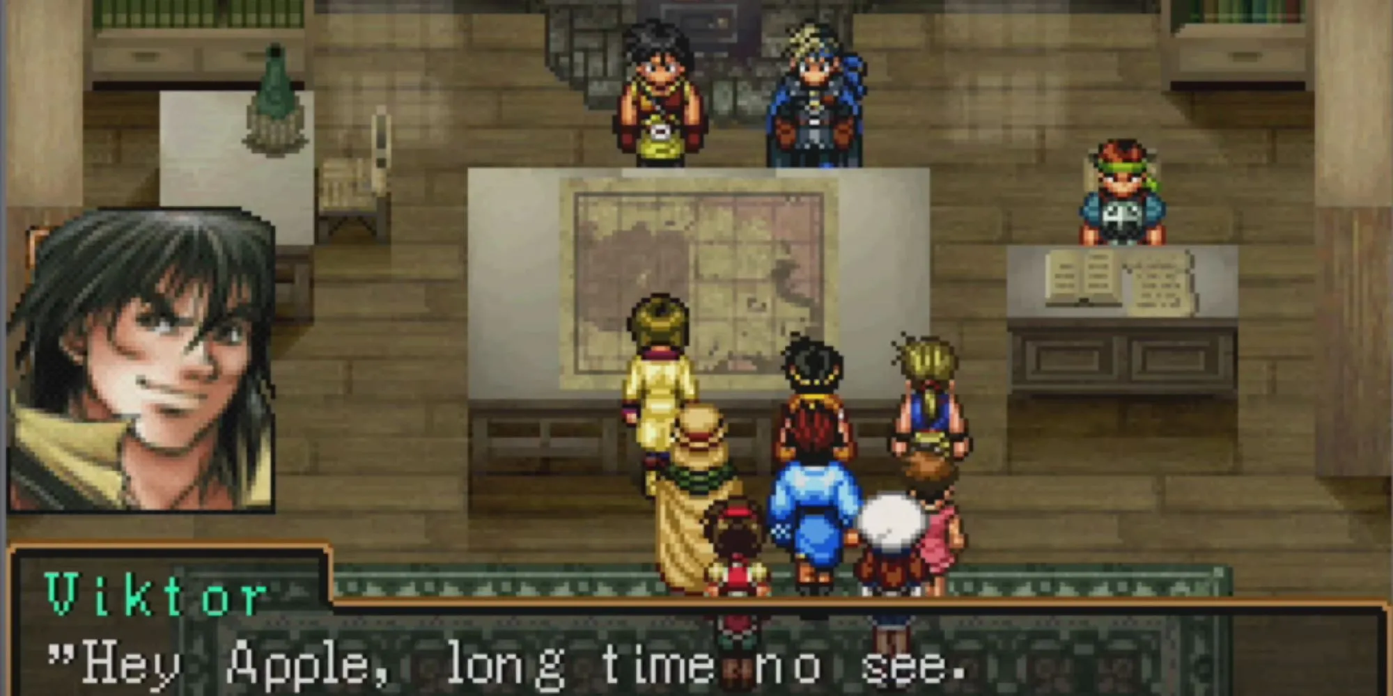 Một cảnh chiến đấu với nhiều nhân vật trong game JRPG Suikoden II trên PS1