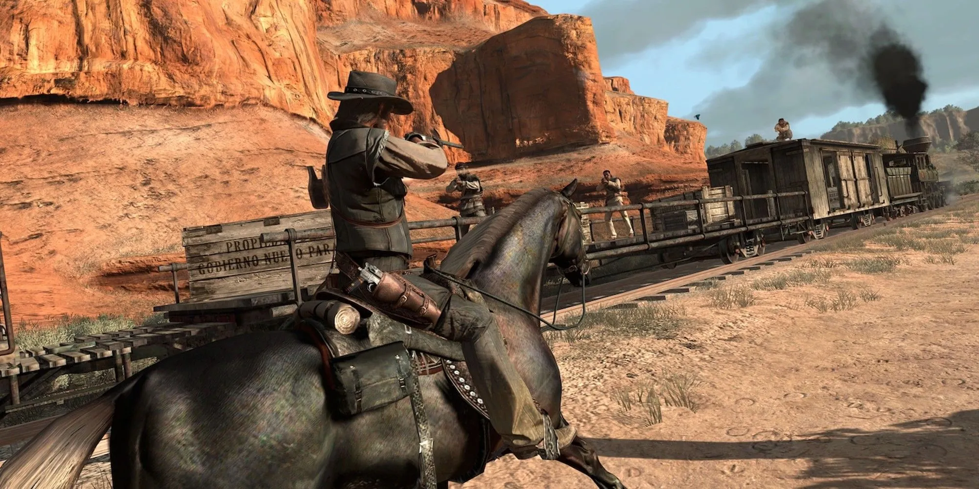 Một cảnh rượt đuổi và đấu súng trên nóc tàu hỏa trong Red Dead Redemption, thể hiện sự kịch tính của gameplay cướp tàu.
