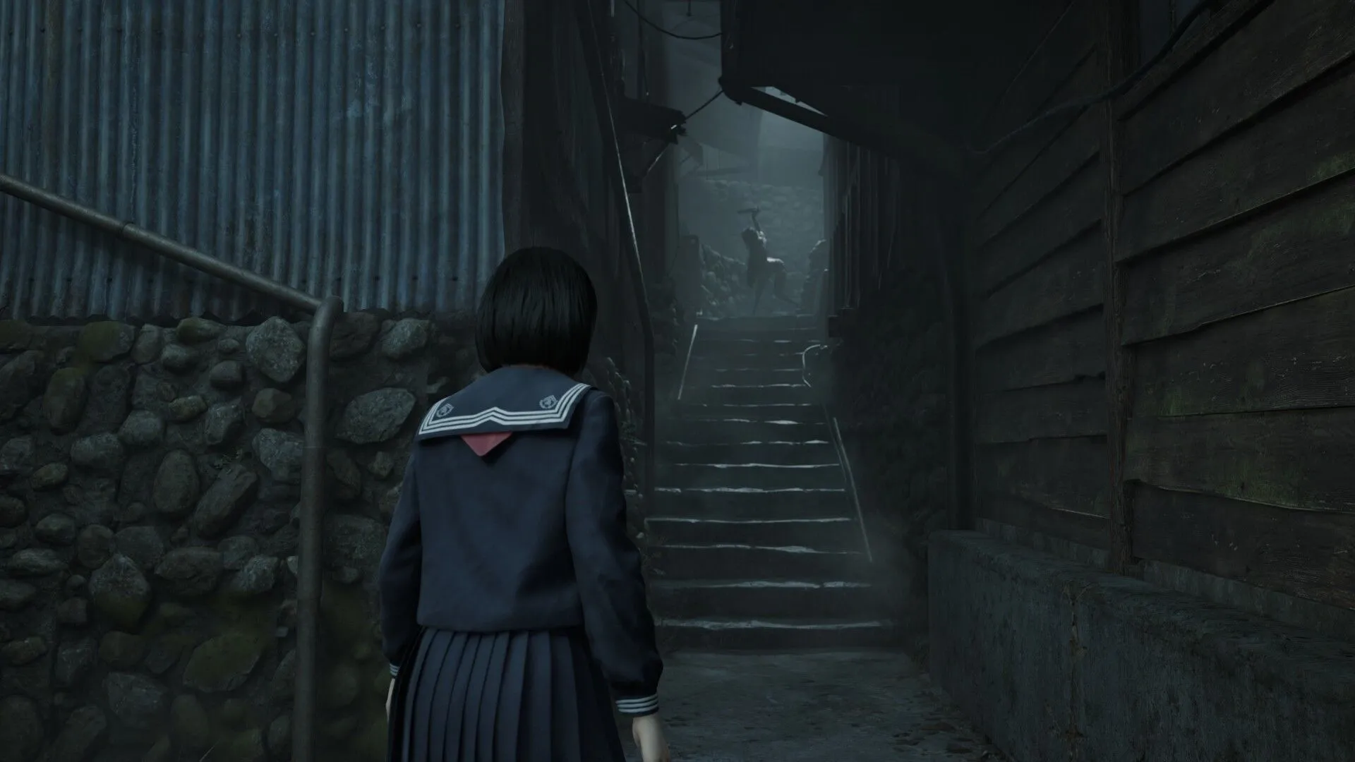 Một cảnh trong game Silent Hill f với tông màu u ám và một nhân vật nữ bí ẩn