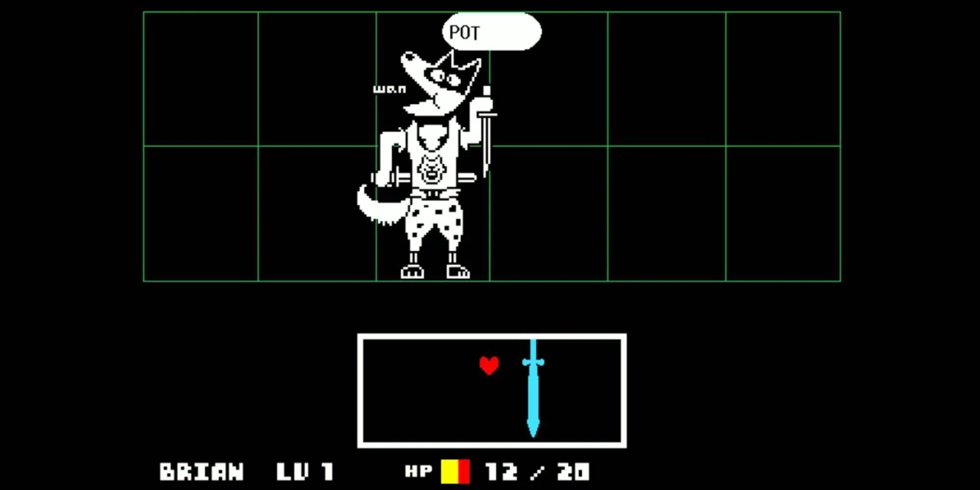 Một chú chó đội mũ không tay cầm dao găm với bong bóng thoại phía trên trong Undertale