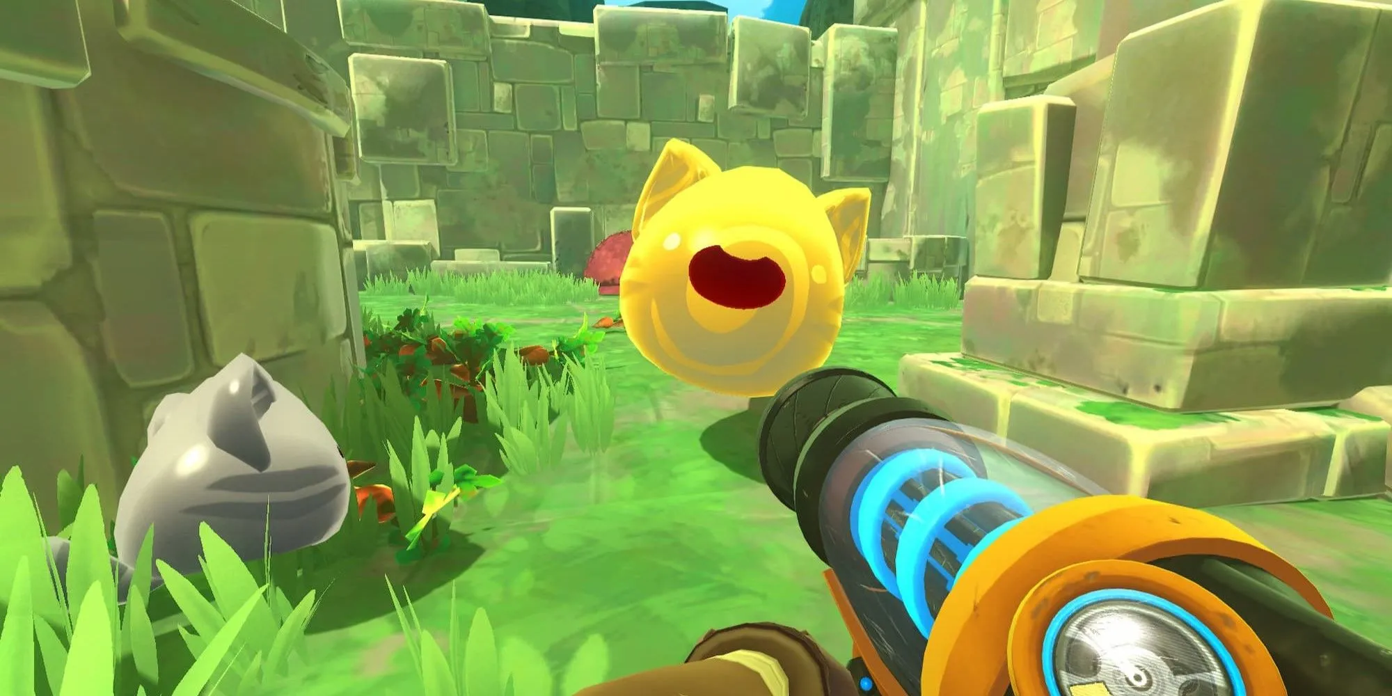 Một chú slime màu hồng vui vẻ đang nhảy trong môi trường đầy màu sắc của Slime Rancher
