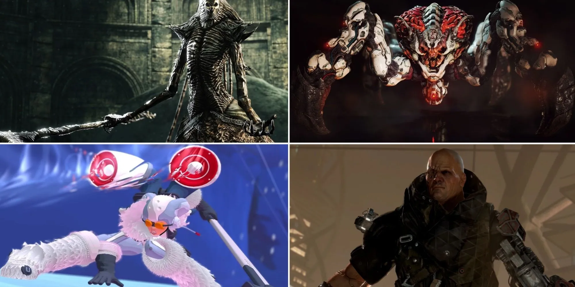 Một collage các Trùm Cuối Dễ Đến Thất Vọng: Nashaandra từ Dark Souls 2, Spider Mastermind từ DOOM, The Beat từ Furi, và Viktor Marchenko từ Deus Ex: Mankind Divided