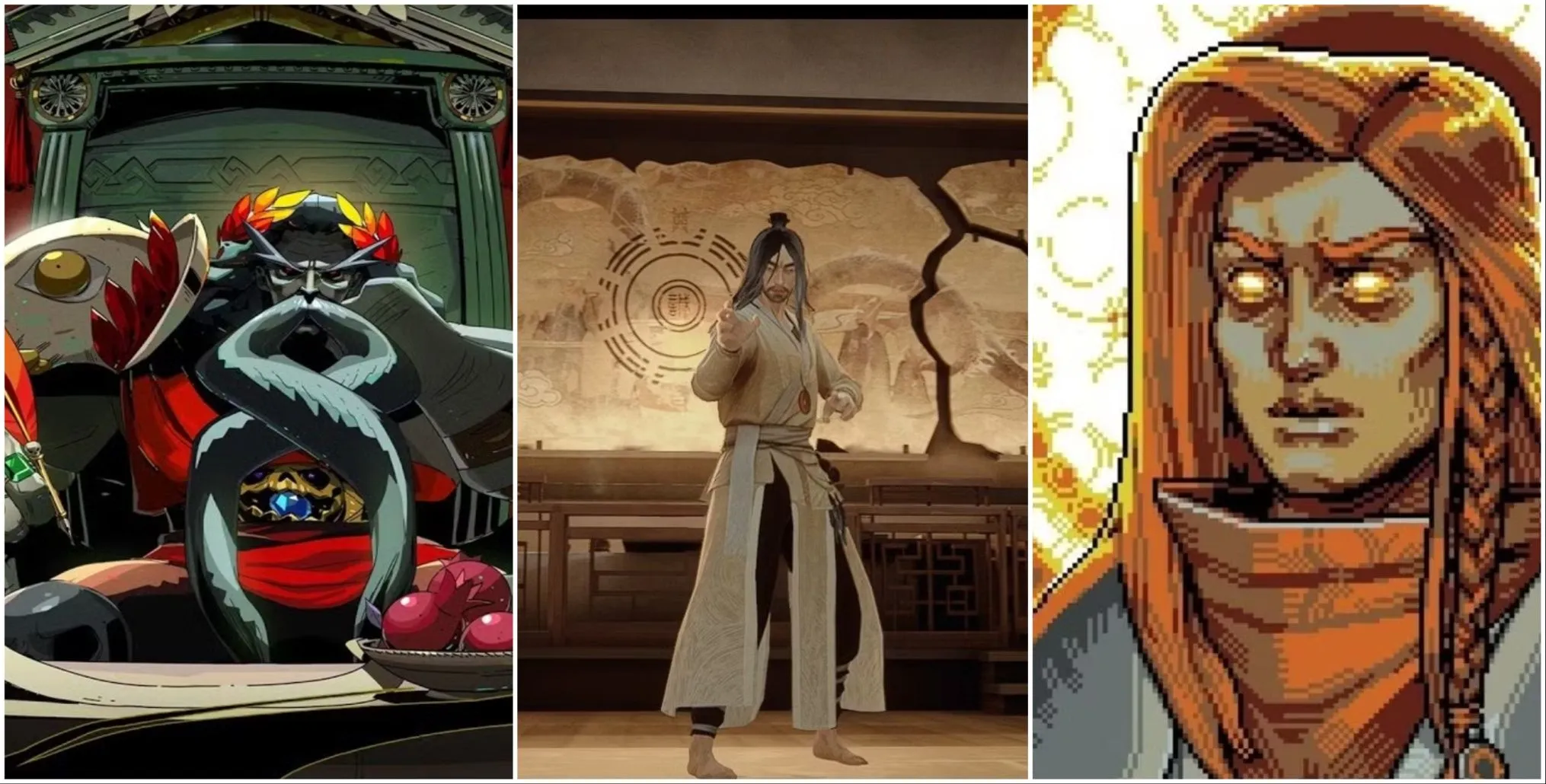Một collage các Trùm Cuối Thực Sự Là Trận Chiến Khó Nhất: Hades từ Hades, Yang từ Sifu, và The Destroyer từ Loop Hero