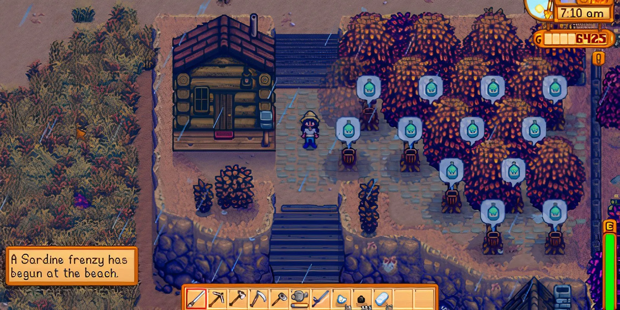 Một góc trang trại Stardew Valley được trang trí đẹp mắt với hoa và cây cối nhìn từ trên cao.