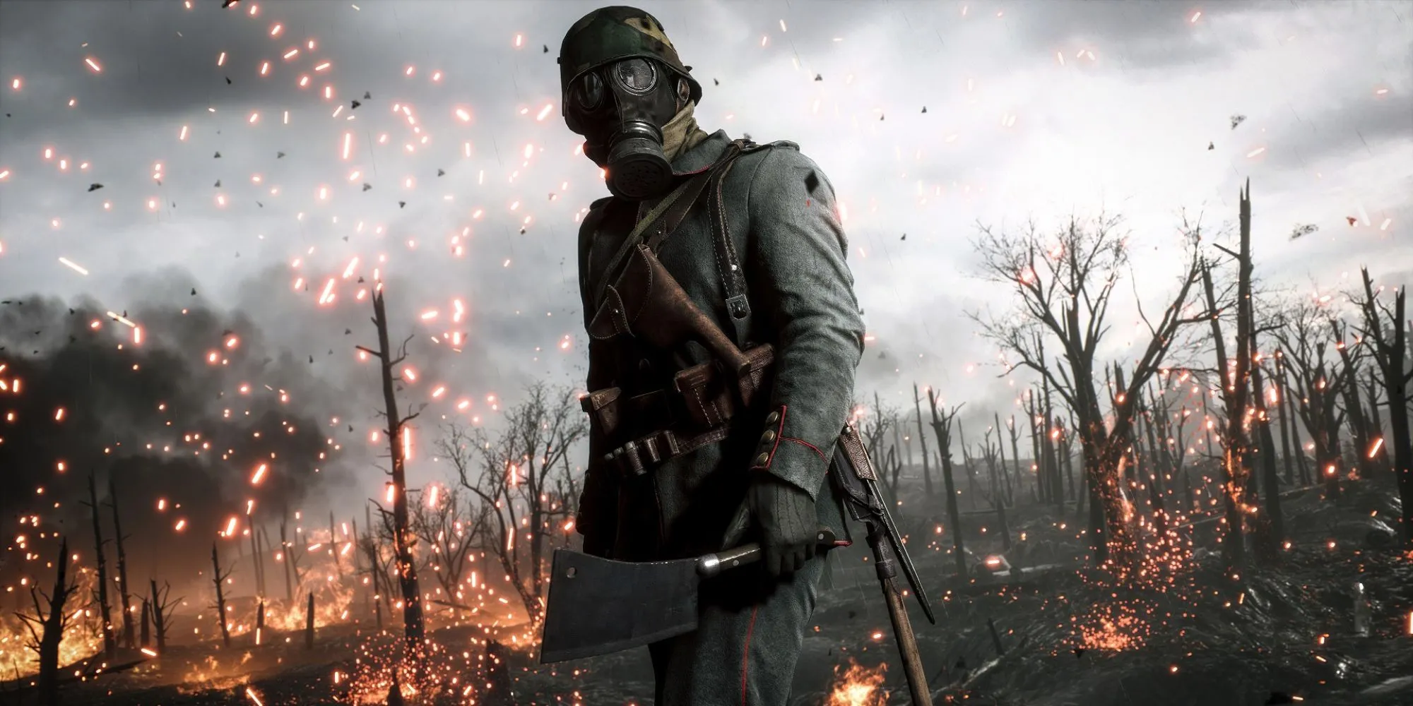 Một người lính đeo mặt nạ phòng độc trong khung cảnh chiến tranh đổ nát trong game Battlefield 1