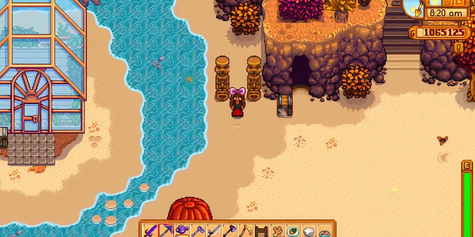 Một trang trại ven biển trong Stardew Valley với các khu vực được quy hoạch cẩn thận.