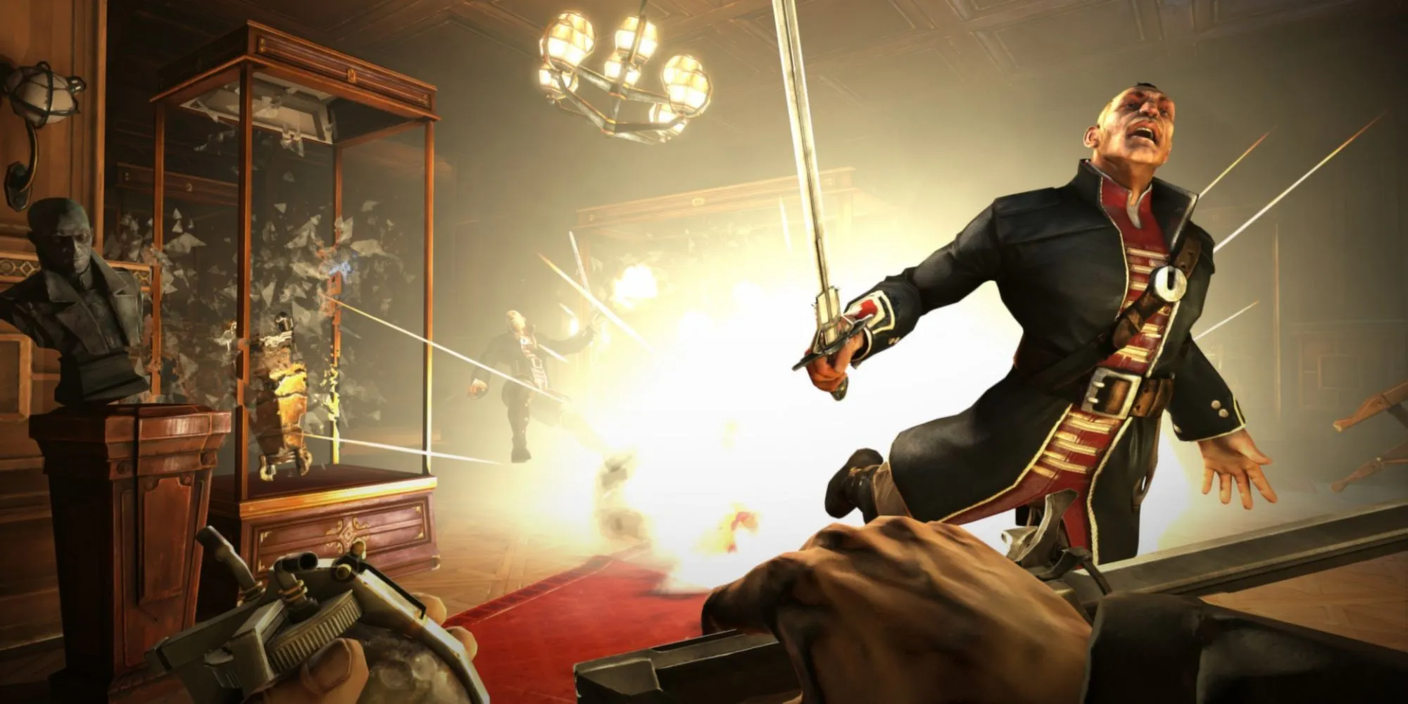 Một vụ nổ lớn trong game Dishonored, thể hiện hành động kịch tính