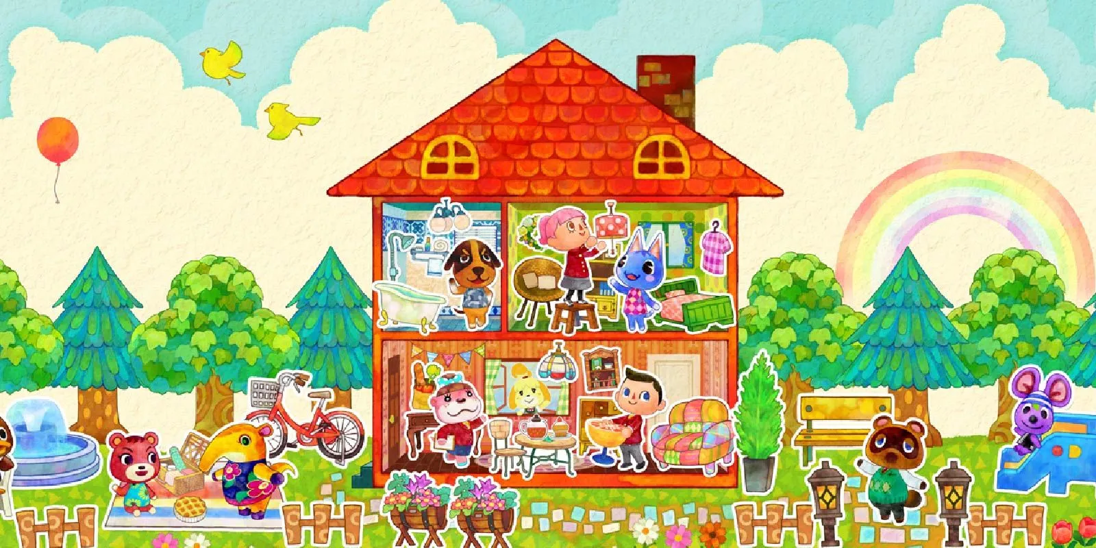 Ngôi nhà búp bê với các căn phòng được trang trí trong Animal Crossing Happy Home Designer và các dân làng xung quanh