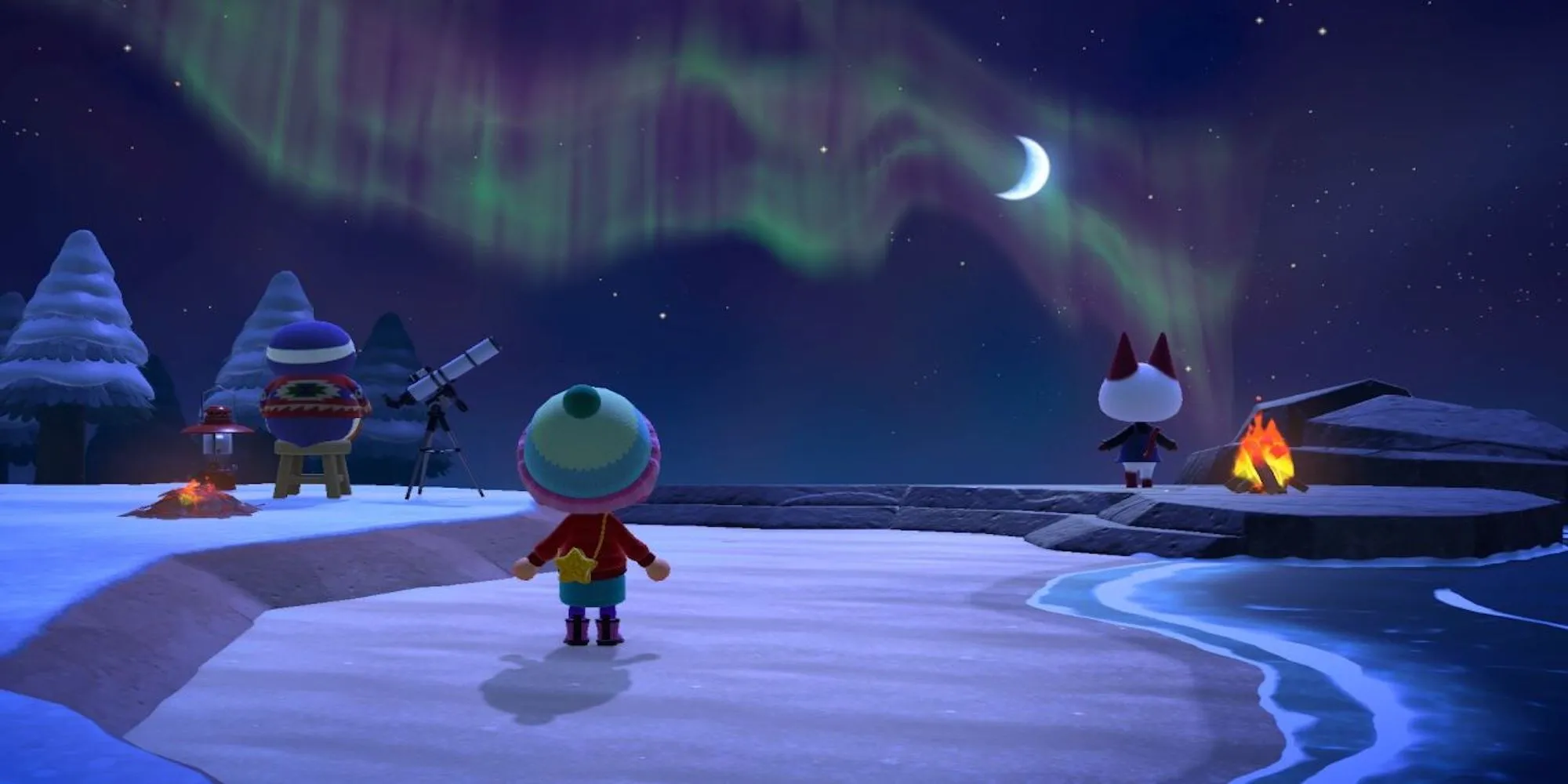 Người chơi và dân làng ngắm bầu trời đêm trong Animal Crossing: New Horizons