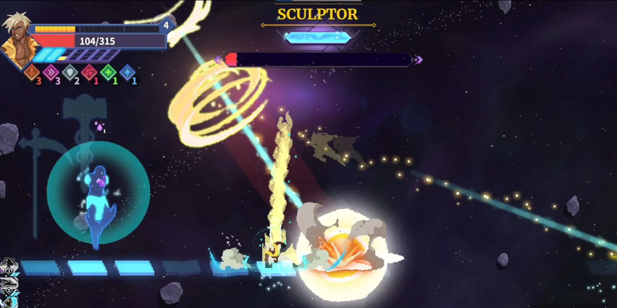Nhân vật Astral Ascent thực hiện cú lướt và đáp nhanh để né đòn tấn công của Sculptor