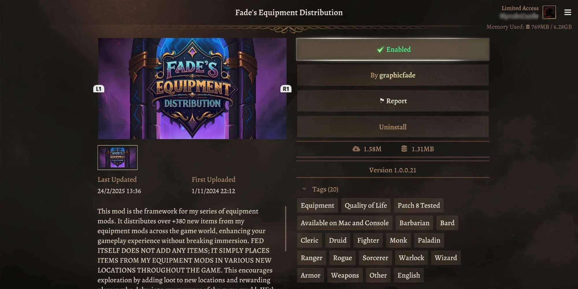 Nhân vật Baldur's Gate 3 trang bị bộ giáp độc đáo từ mod Fade's Equipment Sets