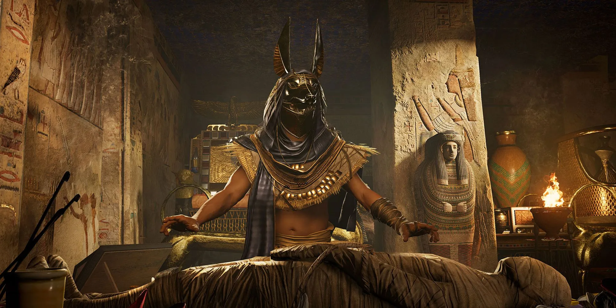 Nhân vật Bayek đối mặt với Anubis trong Assassin's Creed Origins
