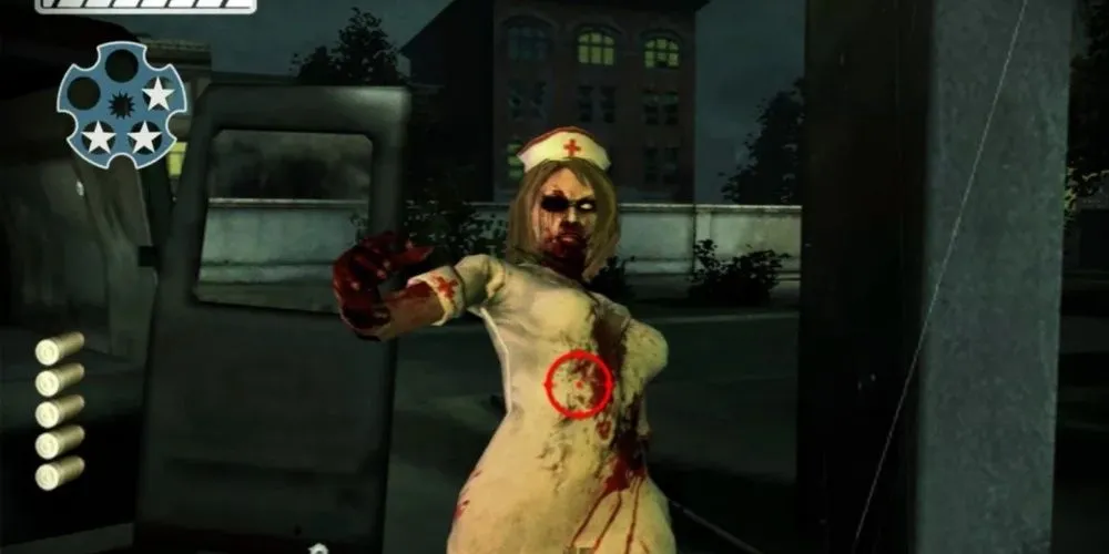 Nhân vật cầm súng bắn zombie với hiệu ứng máu me đặc trưng của The House of the Dead Overkill.