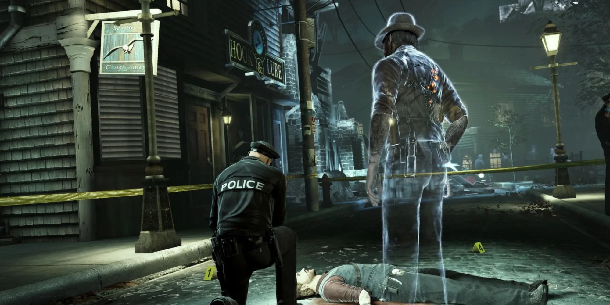 Nhân vật chính của Murdered Soul Suspect đứng trên hiện trường vụ án của chính mình