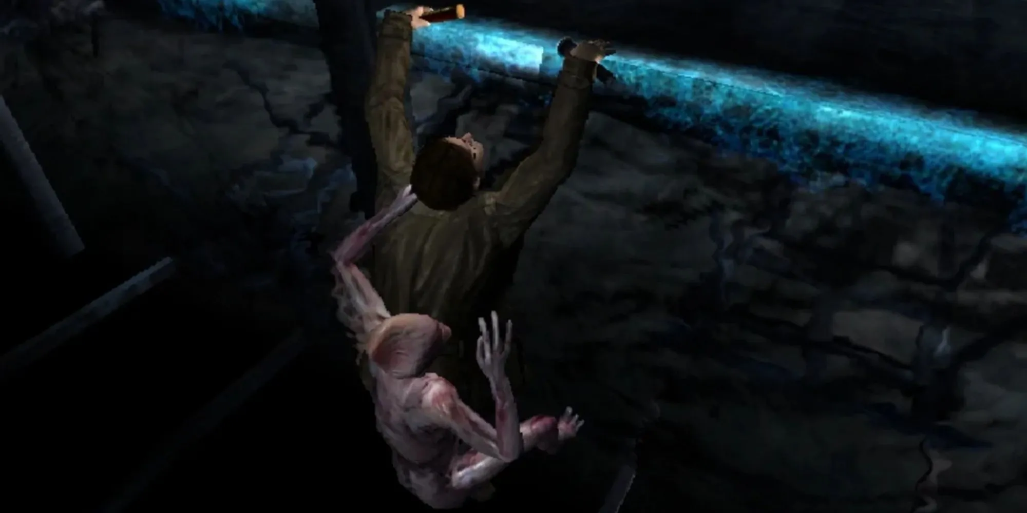 Nhân vật chính Harry Mason đi bộ trong khung cảnh đường phố đóng băng, đổ nát của Silent Hill Shattered Memories.