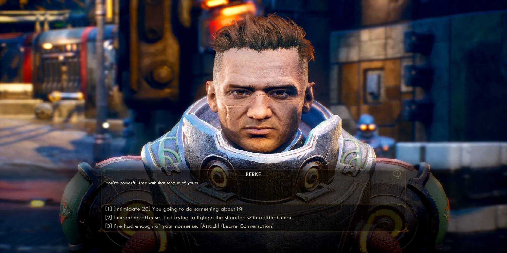 Nhân vật chính nói chuyện với một binh lính trong The Outer Worlds