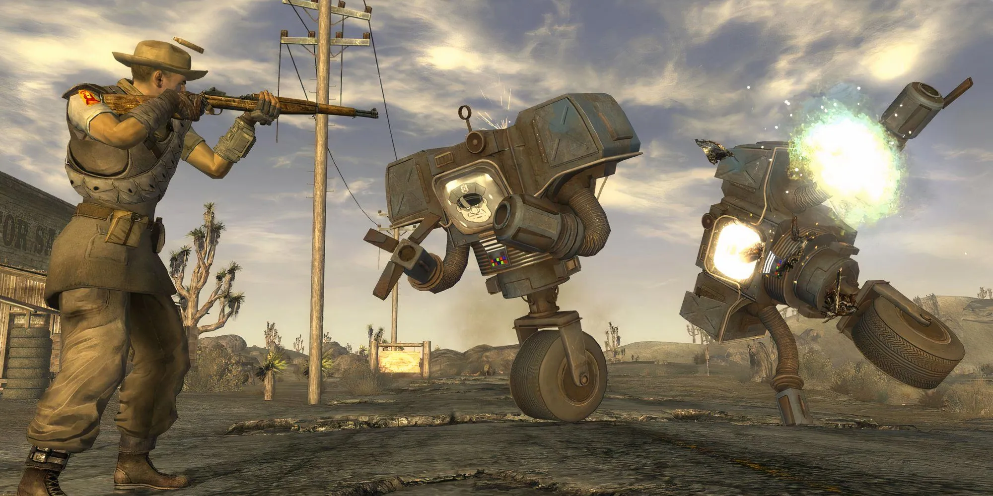 Nhân vật chính trong Fallout New Vegas đang sử dụng shotgun để tiêu diệt đám đông kẻ thù trong một khung cảnh hoang tàn