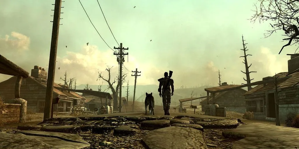 Nhân vật chính và Dogmeat đi dọc con đường trong Fallout 3.