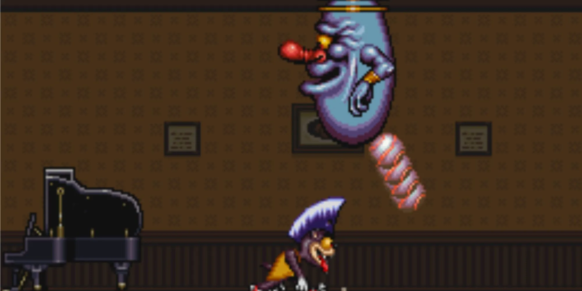 Nhân vật chính với các kiểu tóc kỳ lạ trong game Rocky Rodent SNES