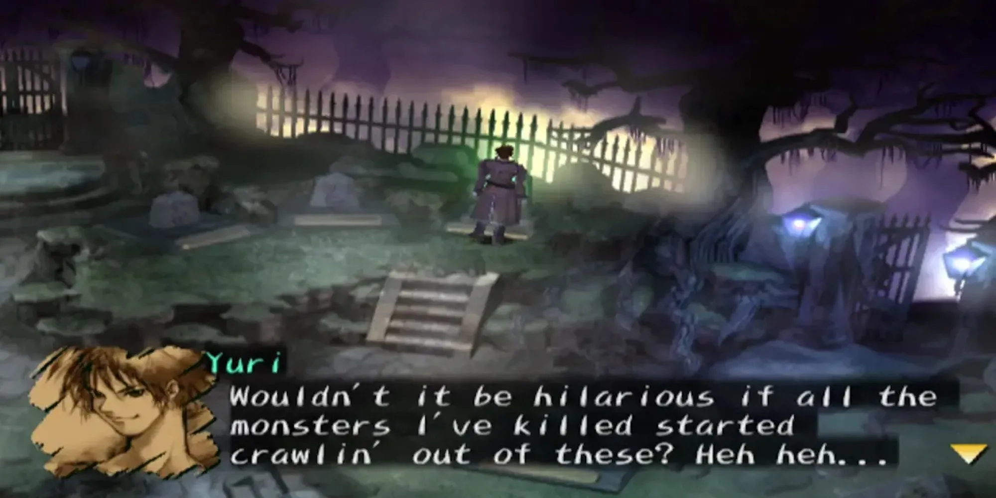 Nhân vật chính Yuri Hyuga trong game Shadow Hearts đang chiến đấu với quái vật trong bối cảnh tăm tối
