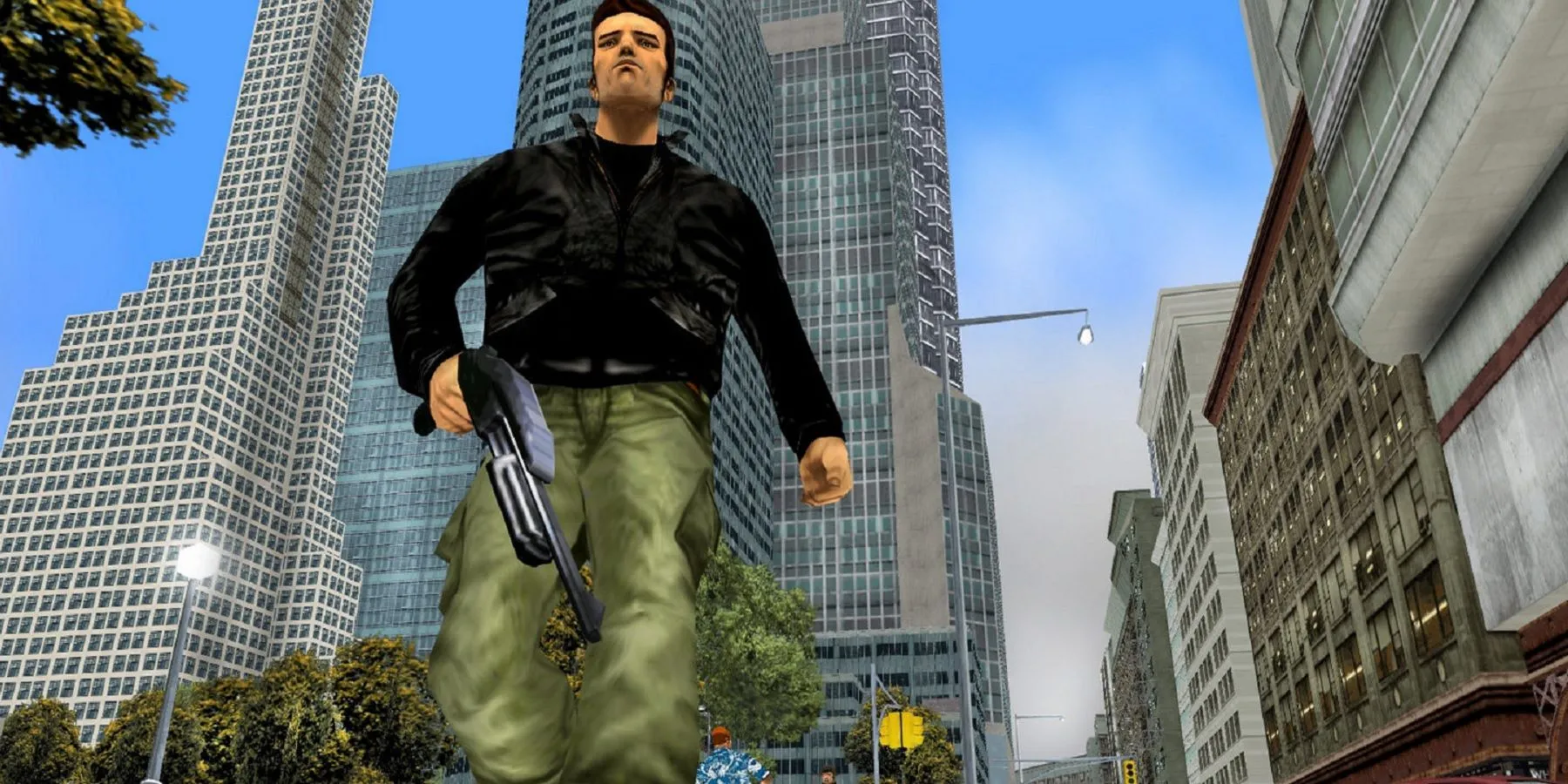Nhân vật Claude trong Grand Theft Auto 3 cầm khẩu shotgun đặc trưng