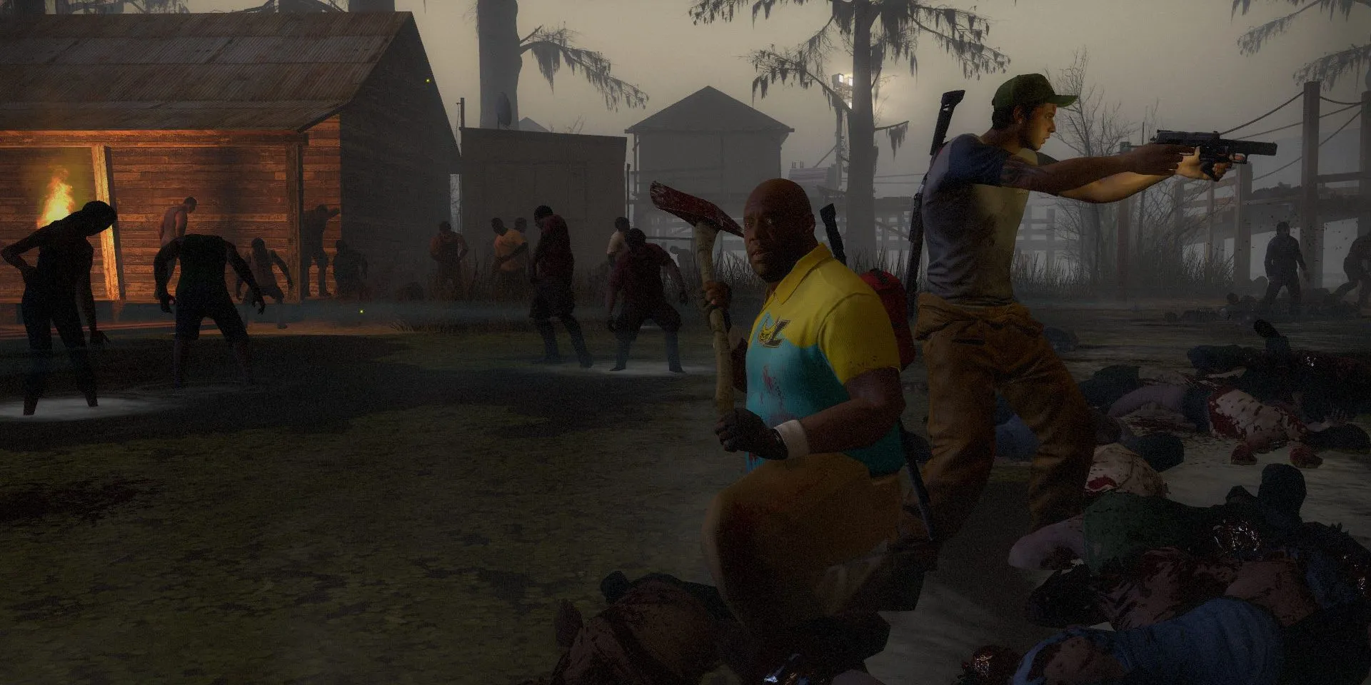 Nhân vật Coach và Ellis chiến đấu chống zombie trong game Left 4 Dead 2