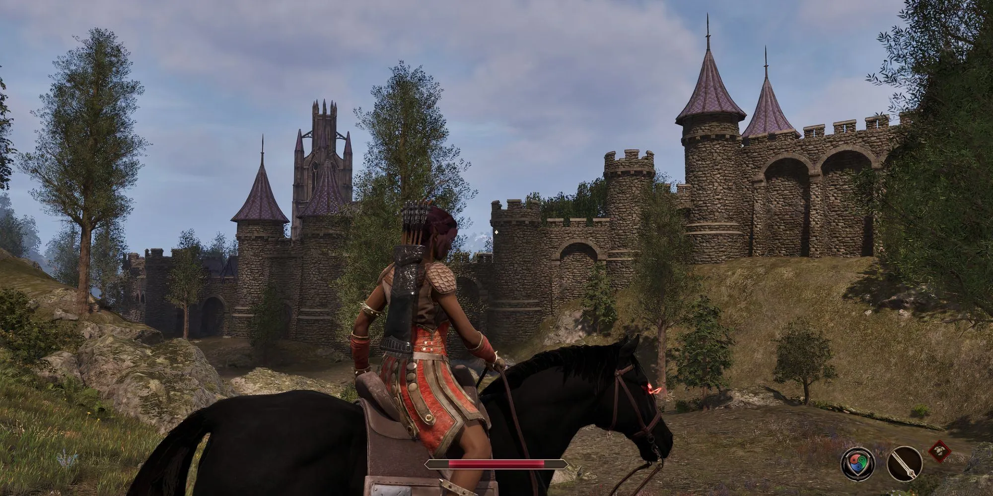 Nhân vật cưỡi ngựa đi qua Cheydinhal trong thế giới mở của Oblivion Remastered
