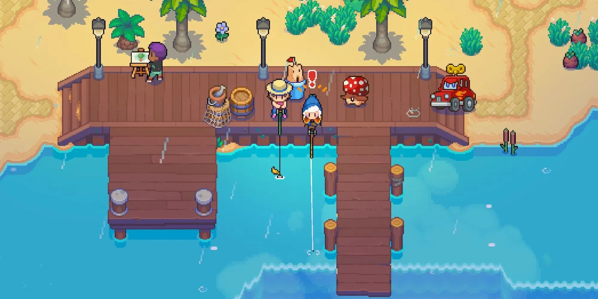 Nhân vật đang câu cá trên một hòn đảo trong game Moonstone Island