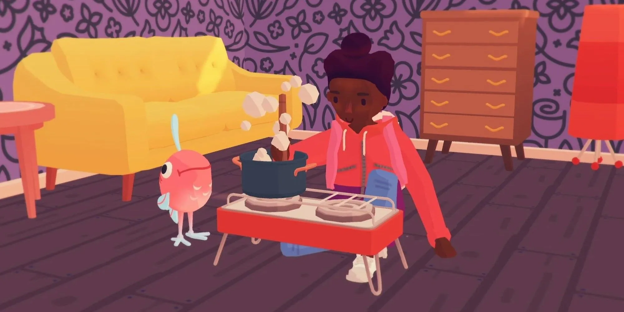 Nhân vật đang nấu ăn cùng một Ooblet trong game Ooblets