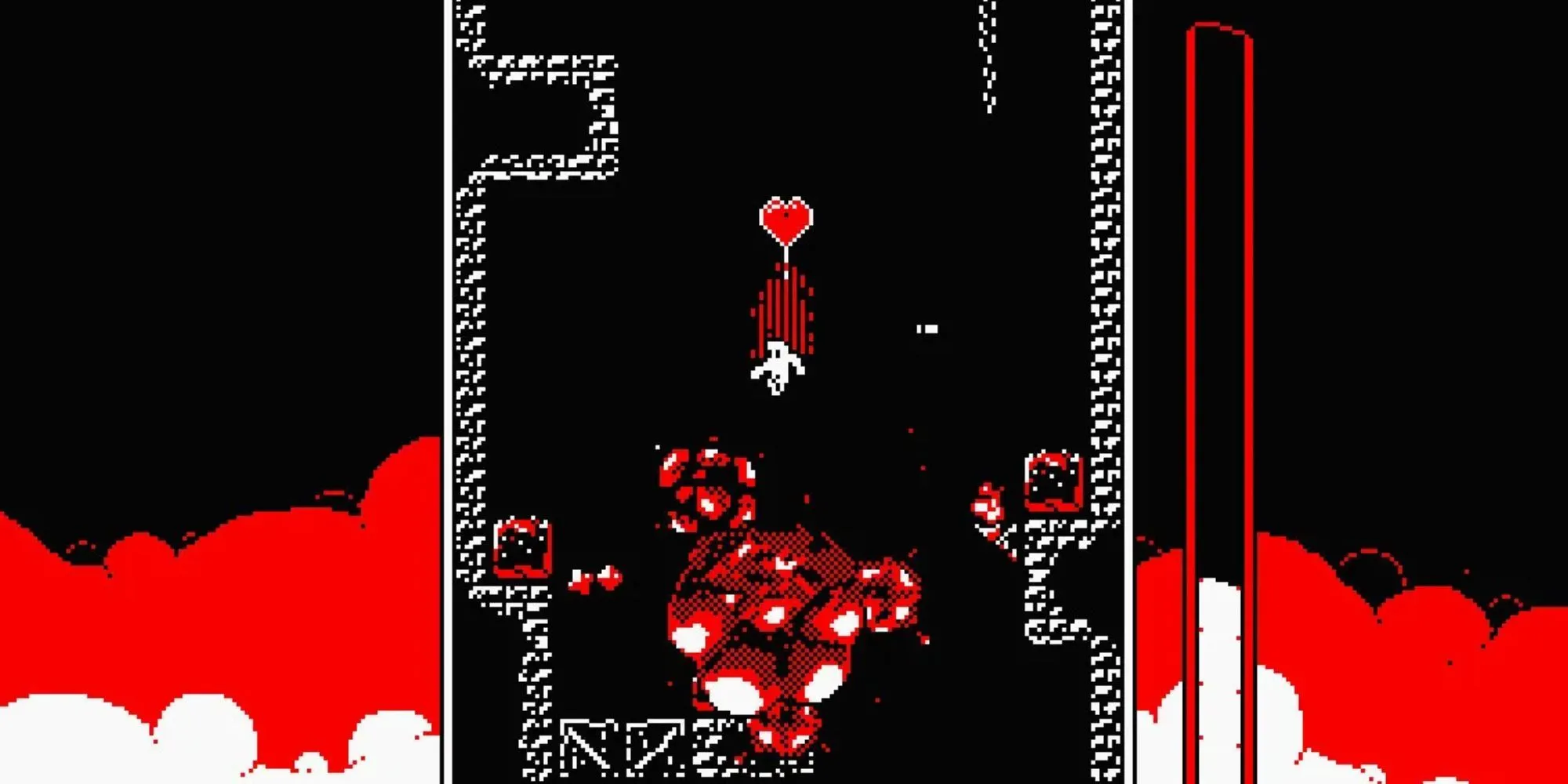 Nhân vật đang né tránh các vụ nổ trong game Downwell.