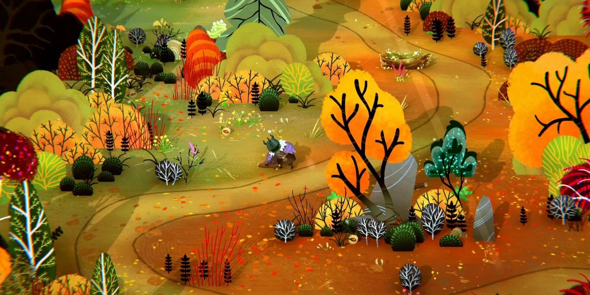 Nhân vật đang thu thập gỗ trong khu rừng ở game Wytchwood