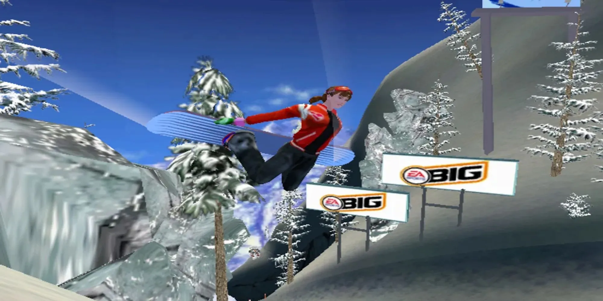 Nhân vật game SSX Tricky đang thực hiện cú nhảy trượt tuyết ngoạn mục trên sườn núi tuyết