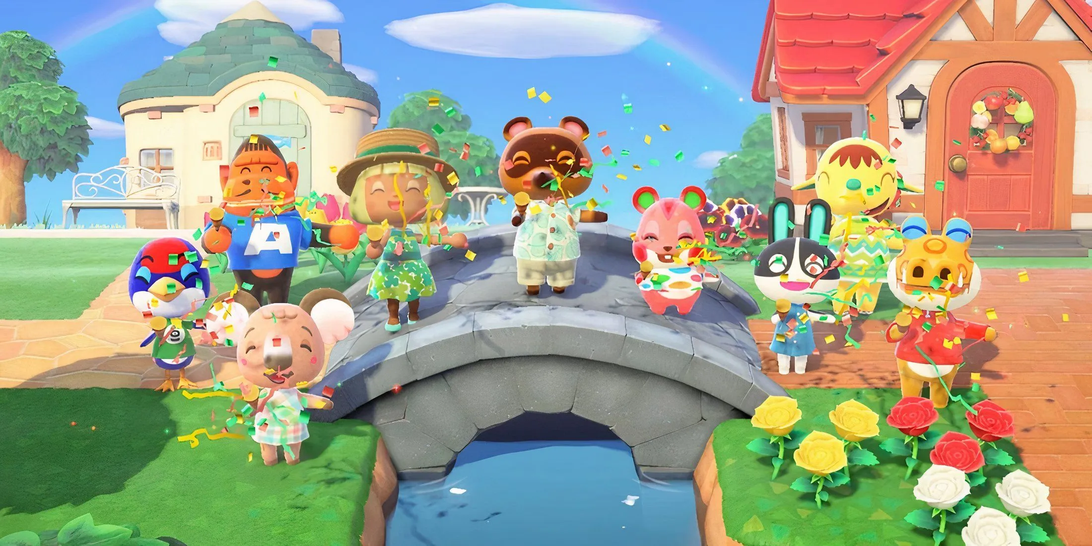 Nhân vật game thủ cùng bạn bè tụ tập trên cầu trong Animal Crossing New Horizons