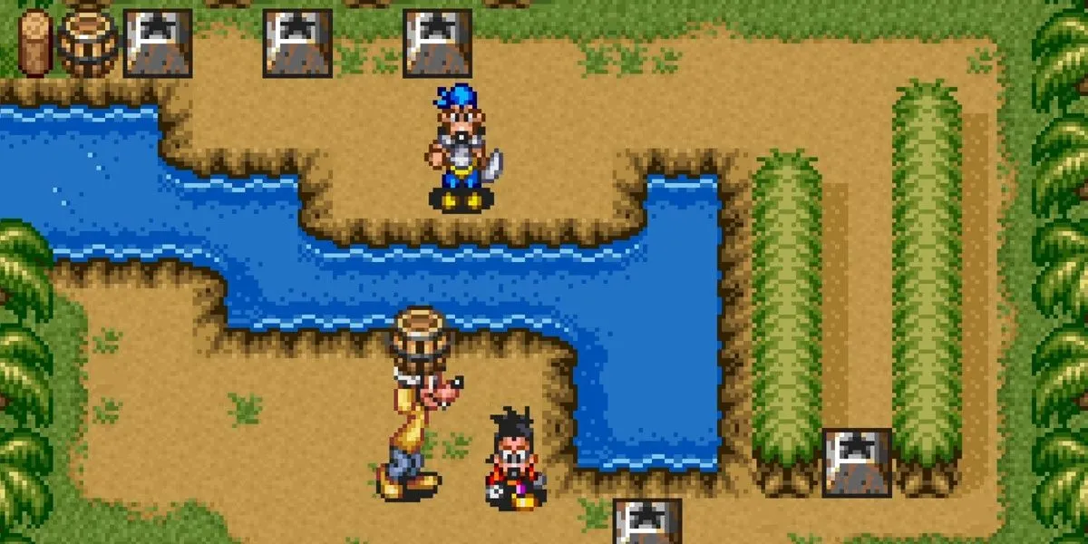 Nhân vật Goofy vác thùng trong game giải đố Goof Troop SNES