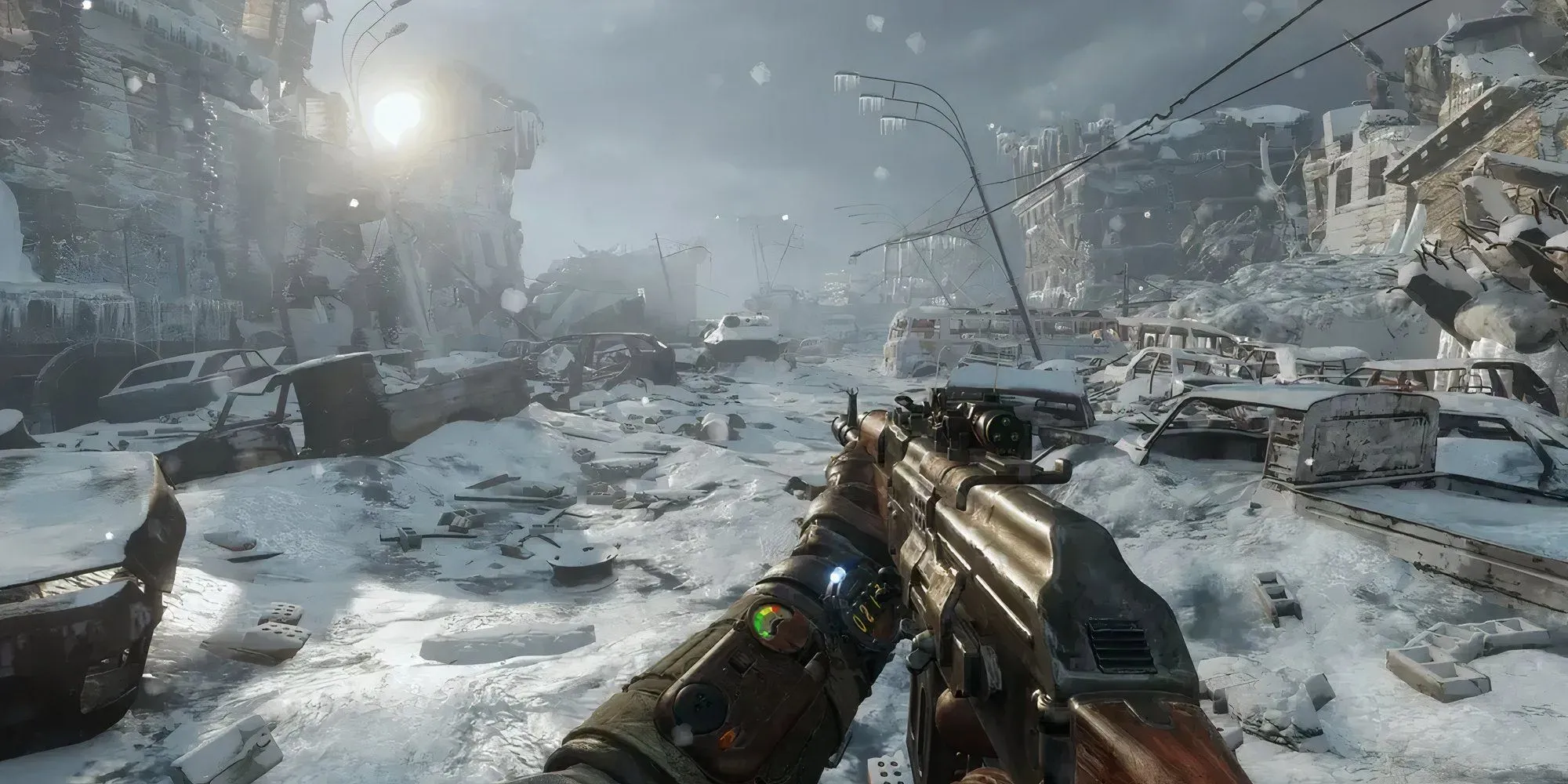 Nhân vật khám phá vùng đất hoang tàn băng giá trong Metro Exodus.