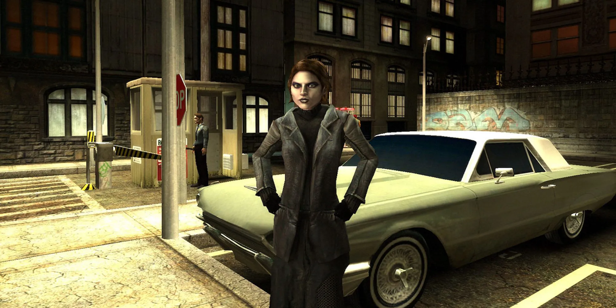 Nhân vật mặc áo khoác dài trong Vampire: The Masquerade - Bloodlines đứng trong khung cảnh tối tăm
