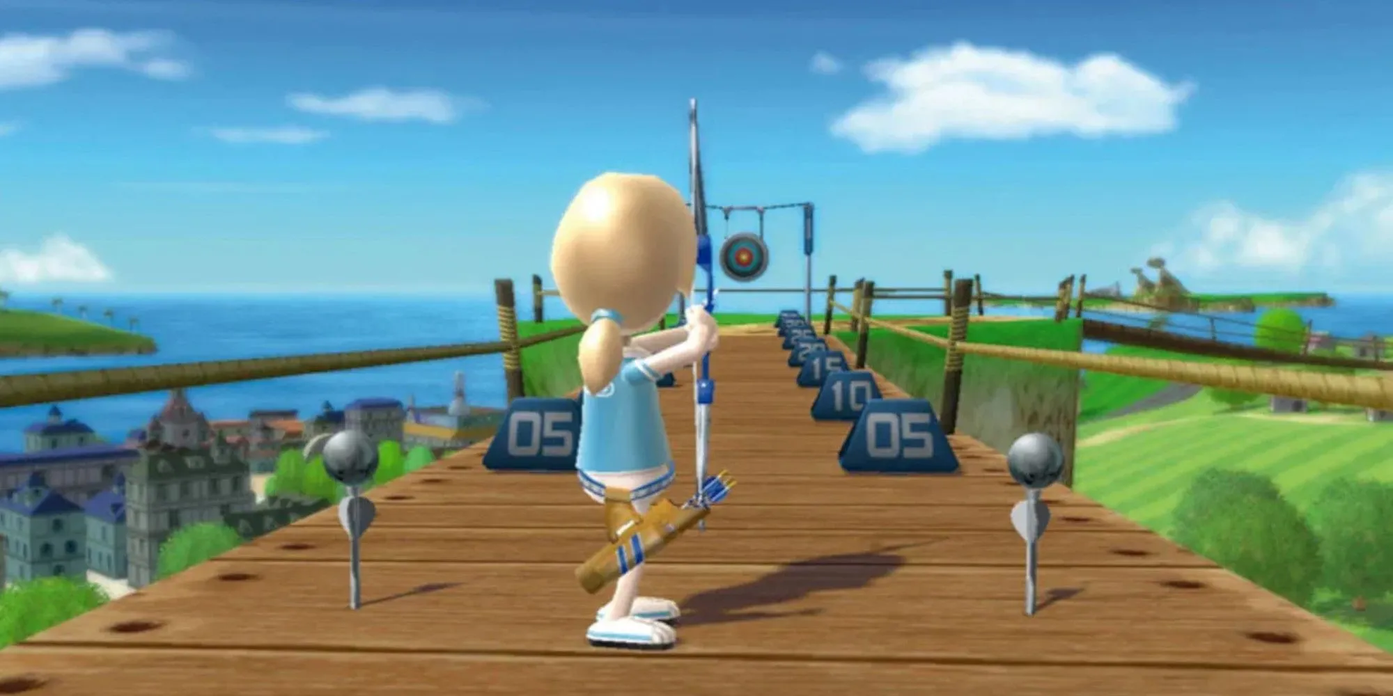 Nhân vật Mii nhắm mục tiêu bắn cung trong game thể thao Wii Sports Resort trên đảo Wuhu