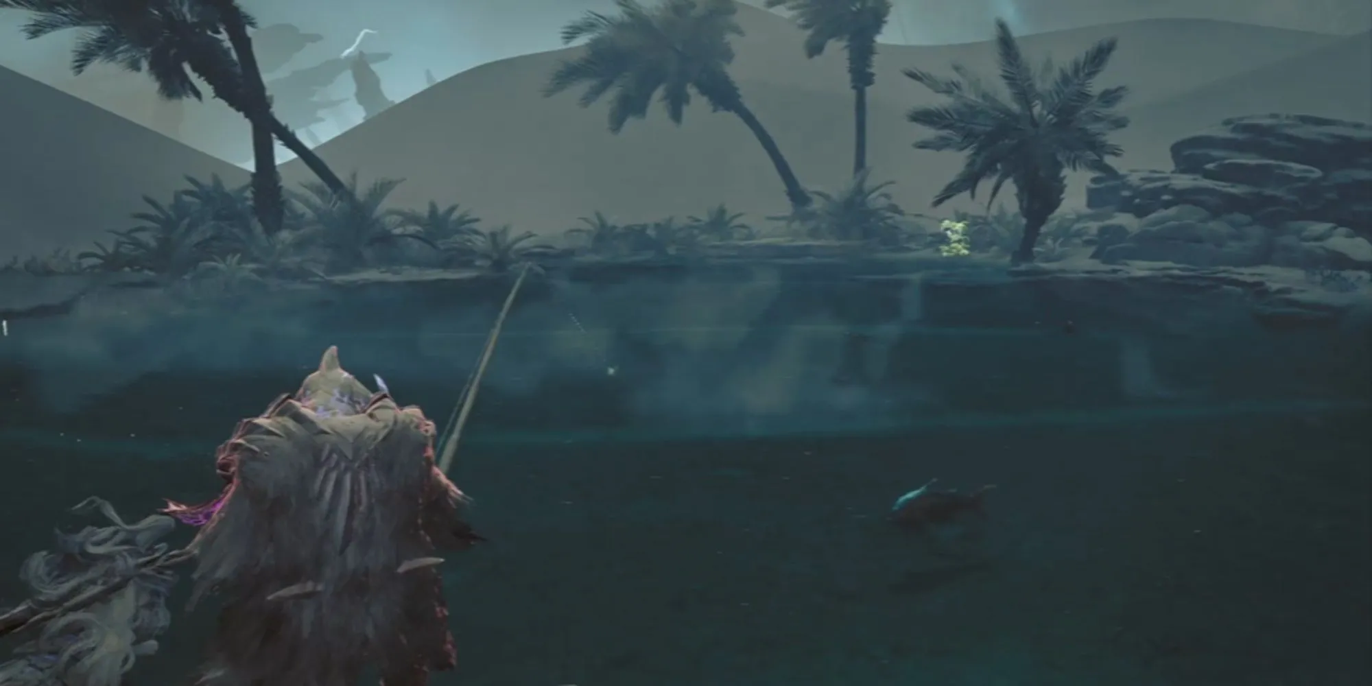 Nhân vật người chơi đang thực hiện hành động câu cá trong game Monster Hunter Wilds