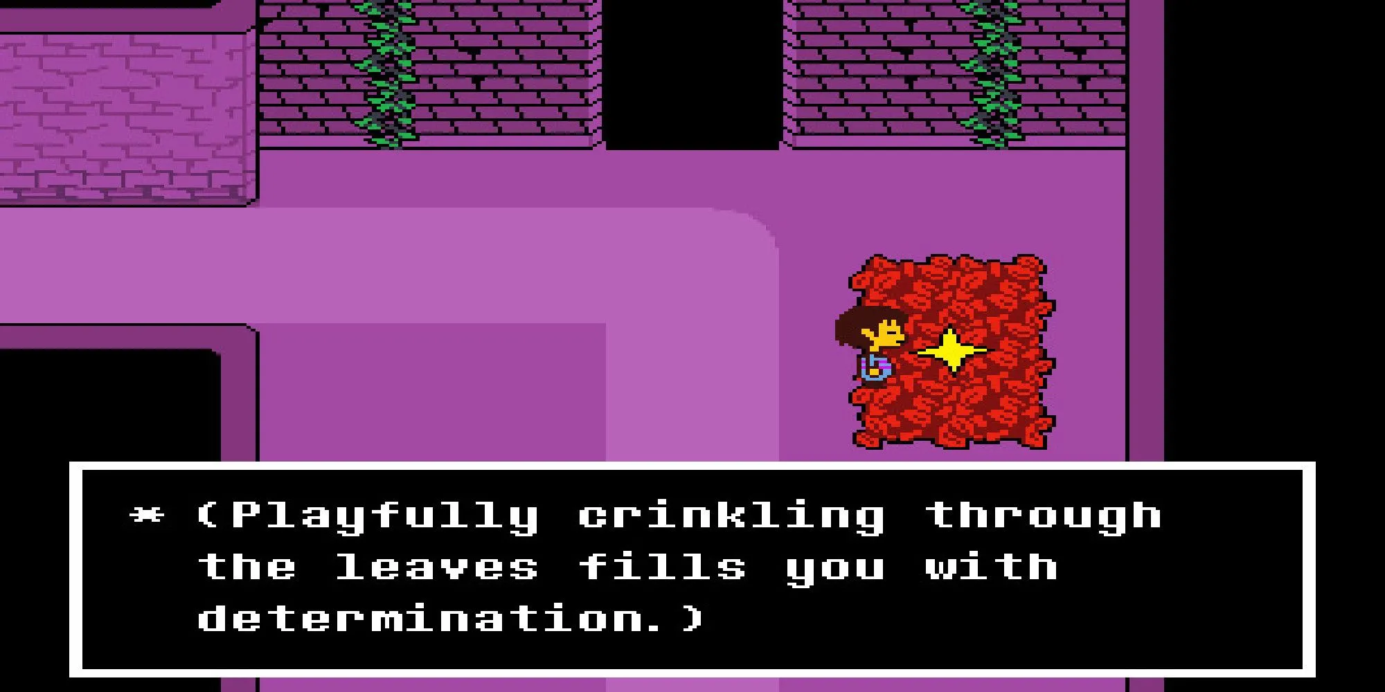 Nhân vật người chơi đứng giữa đống lá trong game indie Undertale