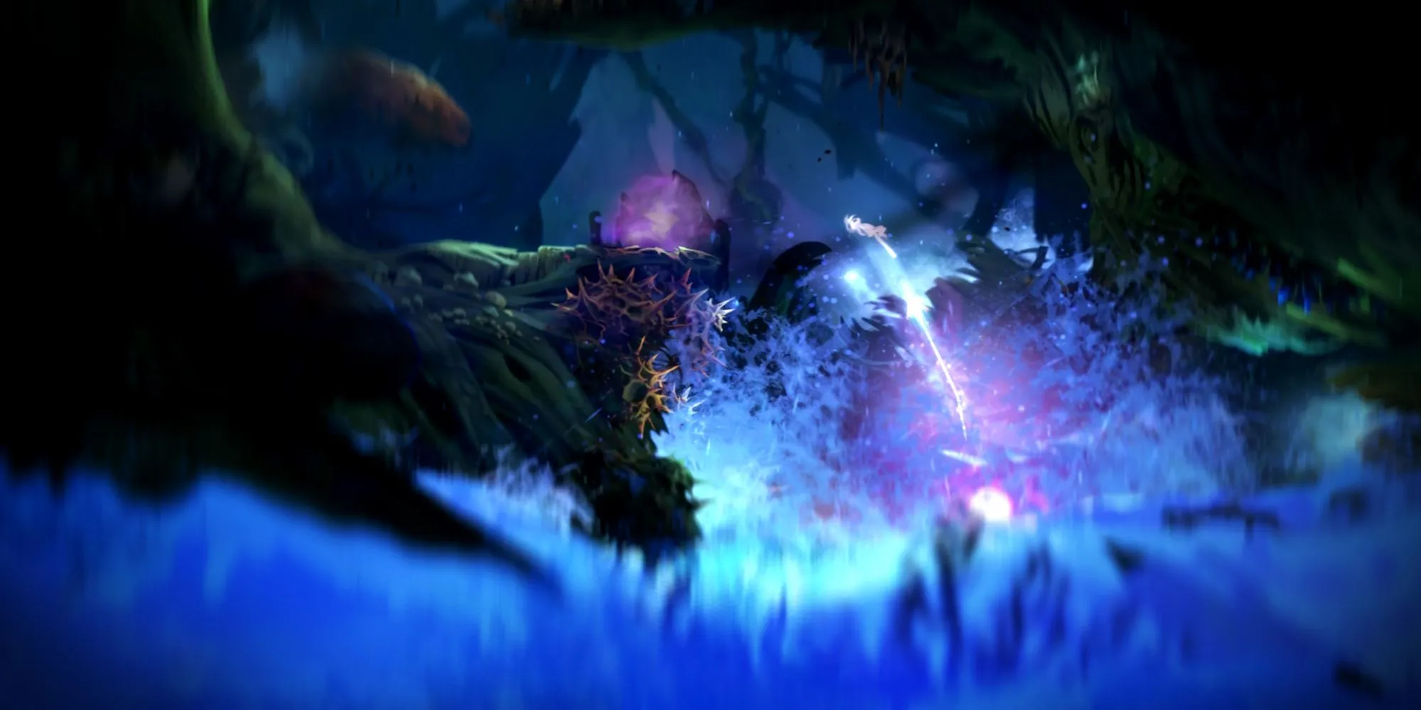 Nhân vật Ori đứng giữa khu rừng huyền ảo trong Ori and the Blind Forest