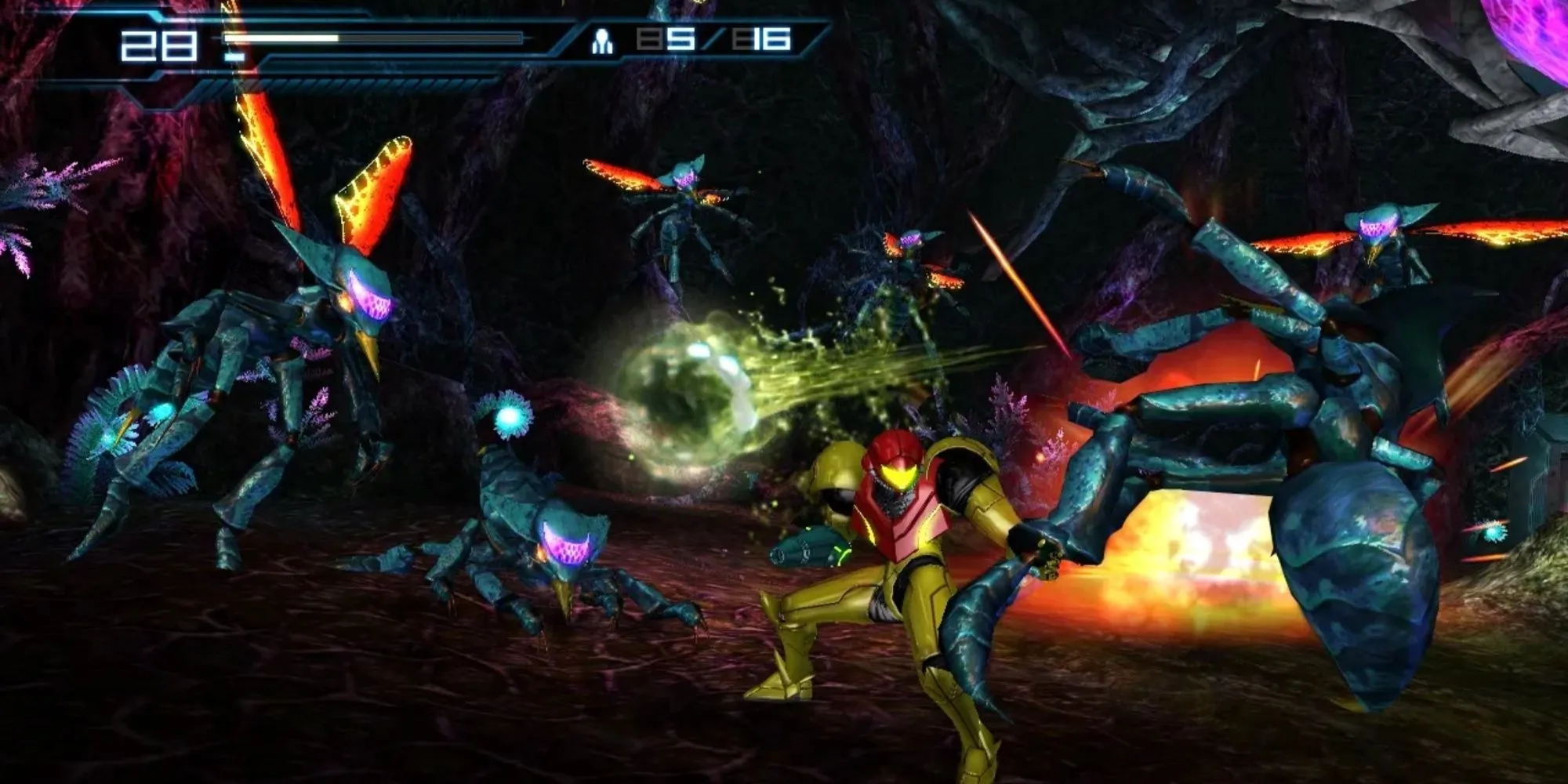 Nhân vật Samus Aran trong bộ giáp Metroid đang chiến đấu với một con quái vật lớn trong Metroid Other M.