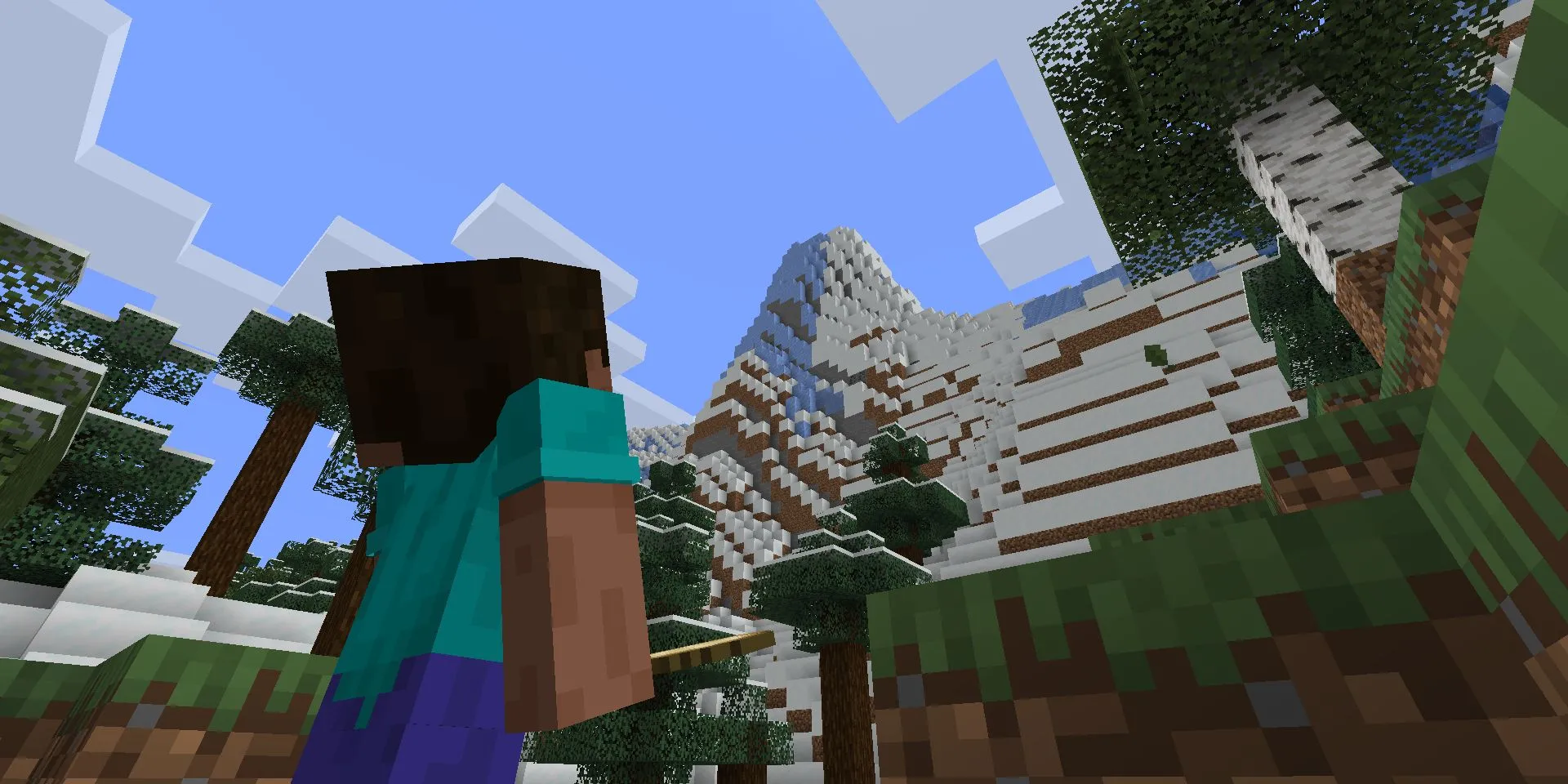 Nhân vật Steve đối diện với vách đá lớn trong thế giới sinh tồn của Minecraft