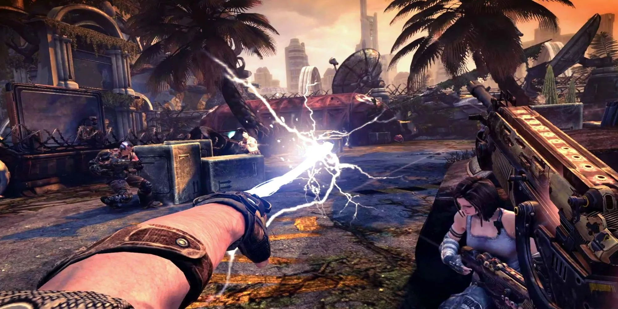 Nhân vật sử dụng dây xích năng lượng và súng để tiêu diệt kẻ địch trong game FPS Bulletstorm