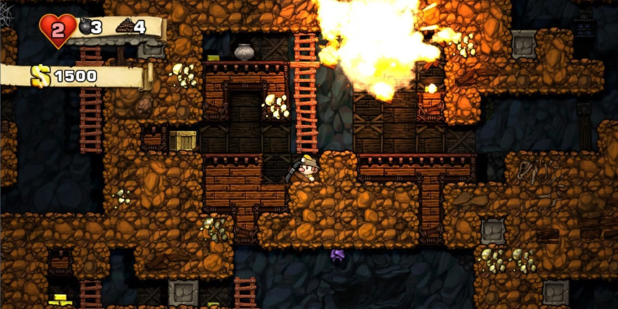 Nhân vật thám hiểm trong hang động nguy hiểm của Spelunky