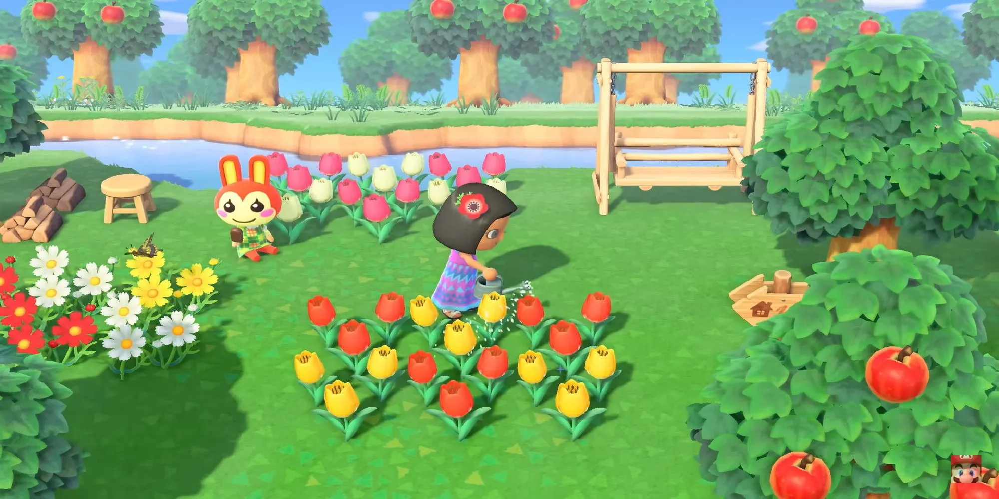 Nhân vật trong Animal Crossing New Horizons đang tưới hoa, thể hiện yếu tố nông trại và thư giãn trong game.