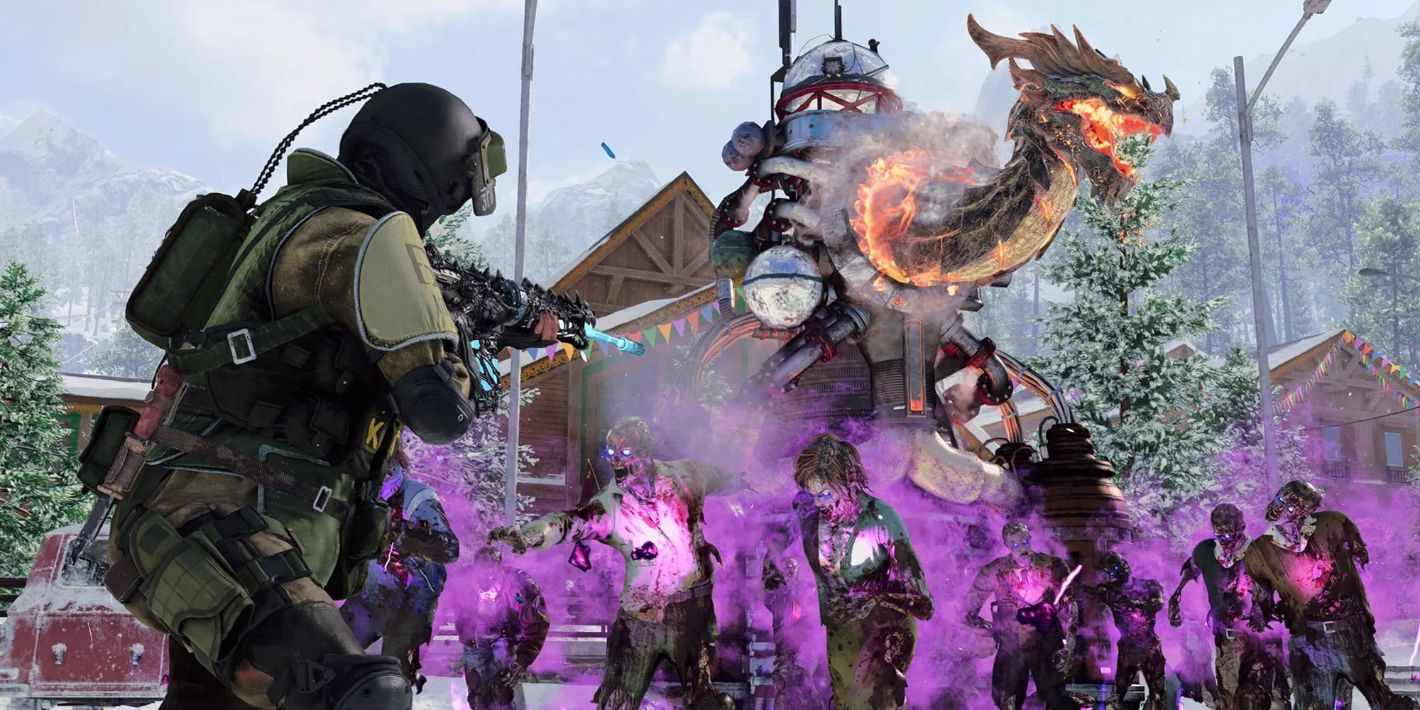 Nhân vật trong Call of Duty Black Ops Cold War Zombies chiến đấu với zombie trong một bản đồ tối tăm