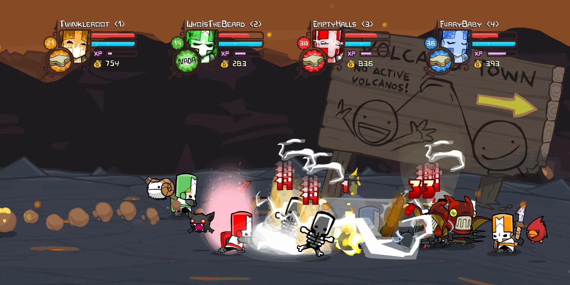 Nhân vật trong Castle Crashers Remastered đang chiến đấu với kẻ thù