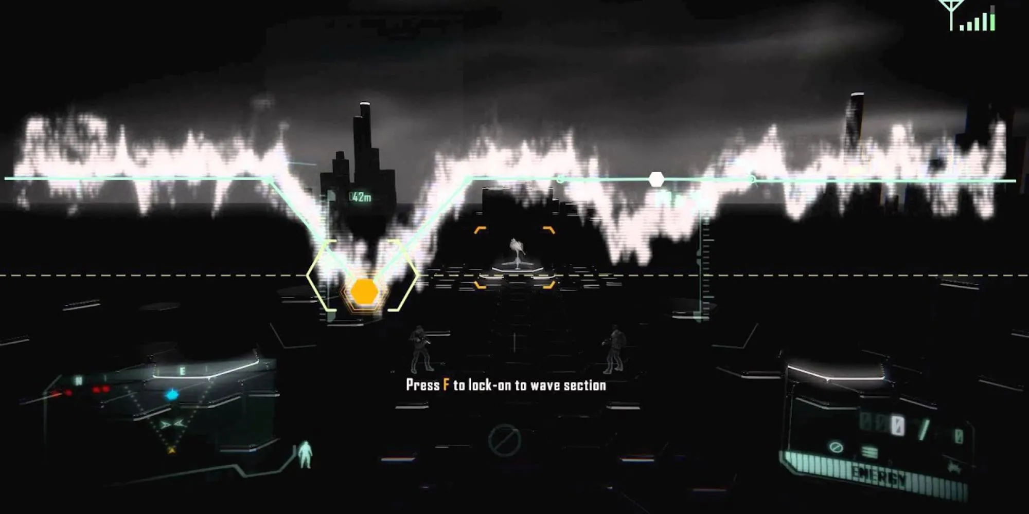 Nhân vật trong Crysis 3 đang thực hiện thao tác hack trên một thiết bị công nghệ cao