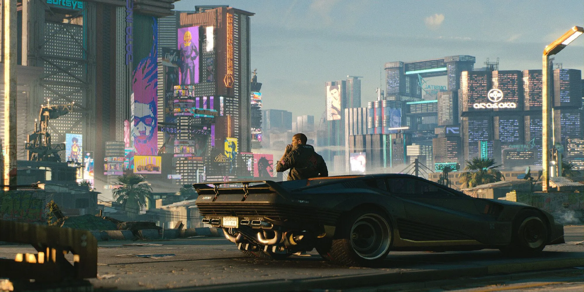 Nhân vật V ngồi trong xe tại Night City trong Cyberpunk 2077